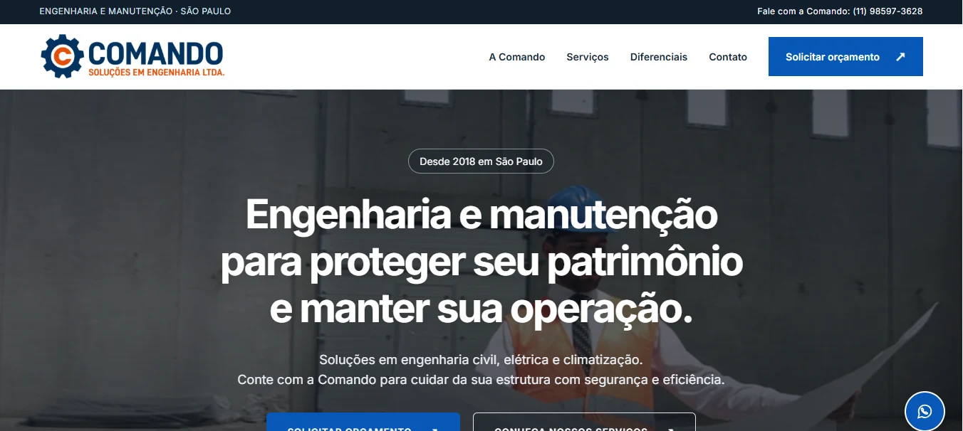 Site da Comando Engenharia: projeto do portfólio TER Marketing
